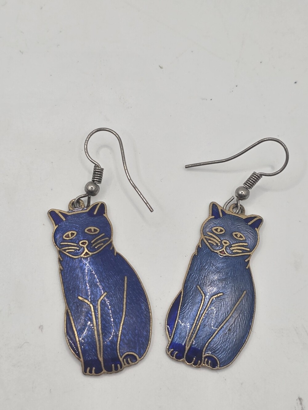 ​Vintage Cloisonne Enamel Blue Cat Drop Dangle Earrings Gold Tone Brass Metal